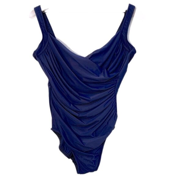 MIRACLESUIT NWOT One Piece Navy Blue Draped Crossover Underwire Women’s 14. - Picture 1 of 12